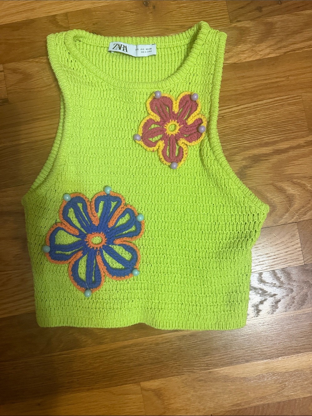 Zara Lime Crochet Flower Crop Top with Multicolor Embroidery